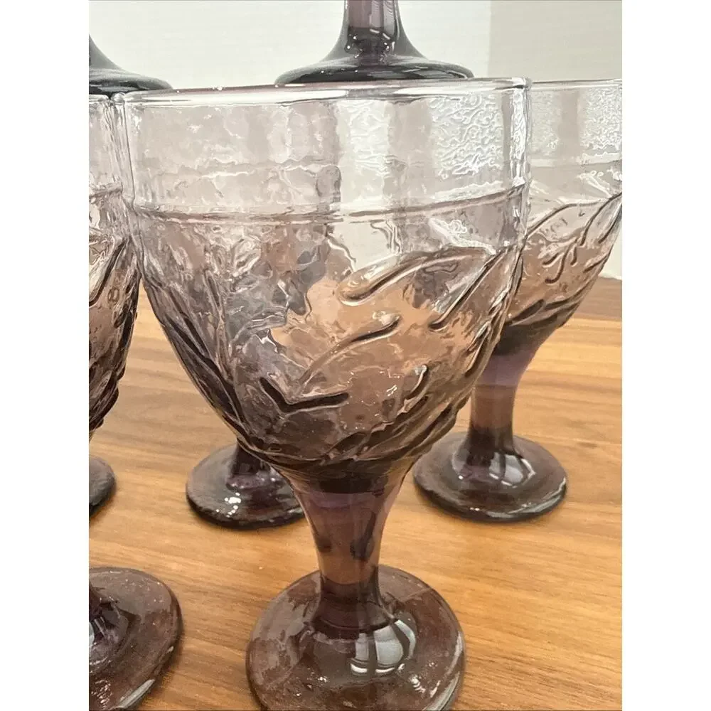 Libbey Garden Vine Amethyst Purple Hammered Stem Goblets Glasses 7